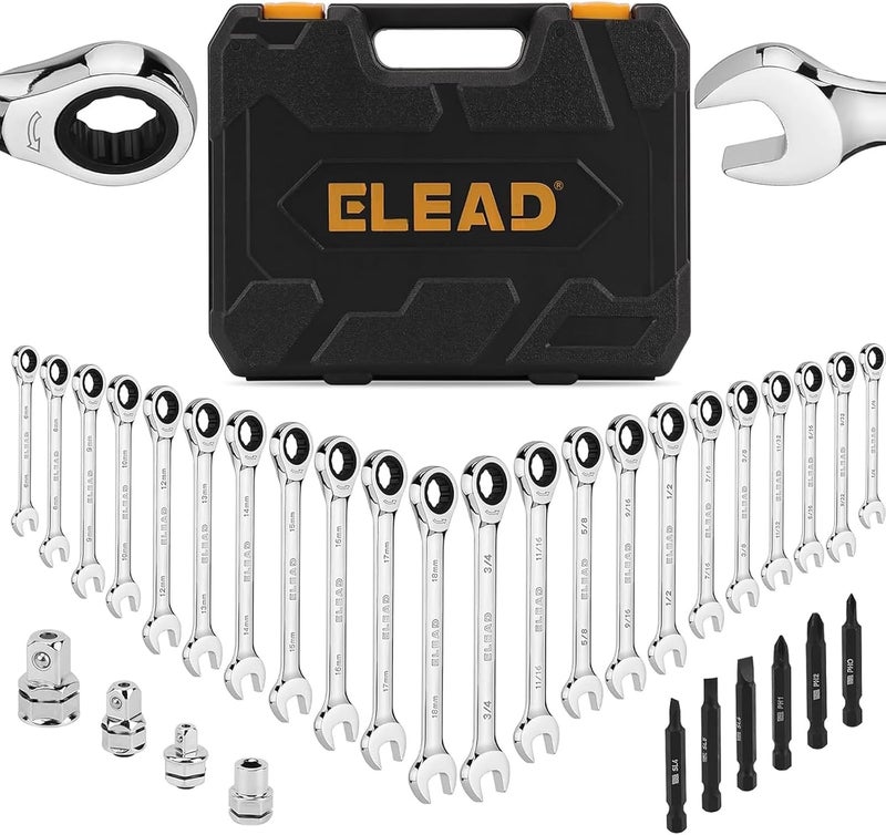 ELEAD 33-Piece Combination Ratchet Wrench Set | SAE & Metric Sizes (1/4" to 3/4" & 6-18mm) | 72-Tooth Gear Design | CR-V Steel | Organizer Carry Case | Ideal for Mechanics & DIY - Image 1